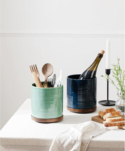 Utensil Holder, 360° Rotating Extra Large Ceramic Kitchen Utensil Holder for Countertop, 7.3“ Cooking Utensil Crocks for Kitchen Counter with Rotatable Wooden Base, Farmhouse Decor, Forest Green - Image 5