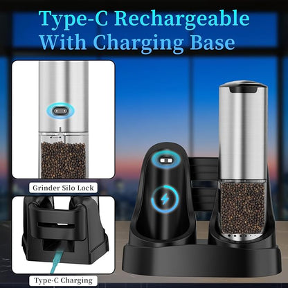 Electric Salt and Pepper Grinder Set Type-C Fast Charging, Automatic Salt and Pepper Shakers Adjustable Coarseness, Stainless Steel Rechargeable Salt and Pepper Grinder with LED Light - Image 7