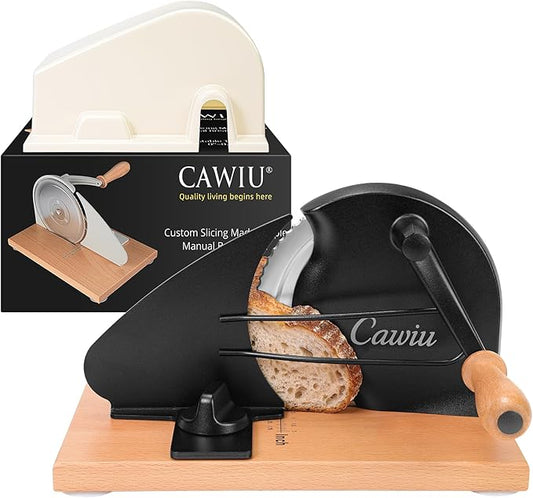 CAWIU Upgraded Manual Bread Slicer for Homemade Sourdough Bread - Adjustable Thickness Bread Cutter with Hand Crank, Suction Cups, Slicing Guide, Scale Line & Cover, for Perfect Even Slices (Black)
