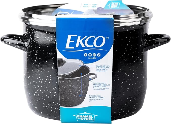 EKCO EOS 8-Quart Speckled Stockpot with Glass Lid (Black) Soup Pot for All Ranges, Dishwasher & Oven Safe up to 350°F - Non-Reactive Enameled Interior Pot for Gumbo, Stew, Boil, Pasta, Chili - Image 9