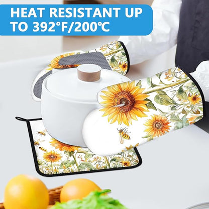 Watercolor Sunflower Oven Mitts and Pot Holders Sets Heat Resistant 4Pcs Busy Bee Potholders Oven Gloves Hot Pads for Kitchen Baking Cooking Grilling BBQ