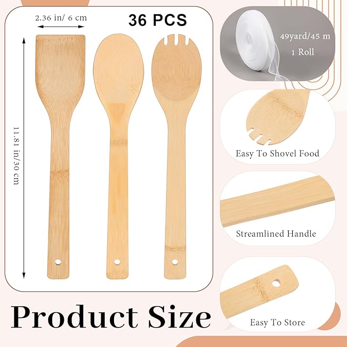 Reallnaive 108 Pcs Bamboo Spatula Wooden Kitchen Utensil Bulk 12''wood Spoon Spatula for Cooking with Ribbon Bridal Baby Shower Game Prize Wedding Party Favors Housewarming Gift (Natural Style)