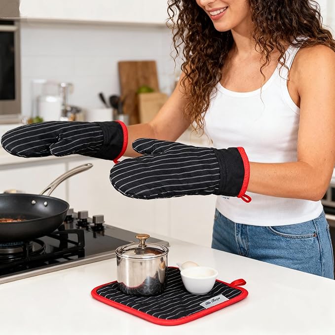 Oven Mitts and Pot Holders Sets,Oven Mitts and Potholders with Cotton High Heat Resistant Extra Thick Long Oven Mitts for Cooking 4 Pcs,Black Red - Image 2