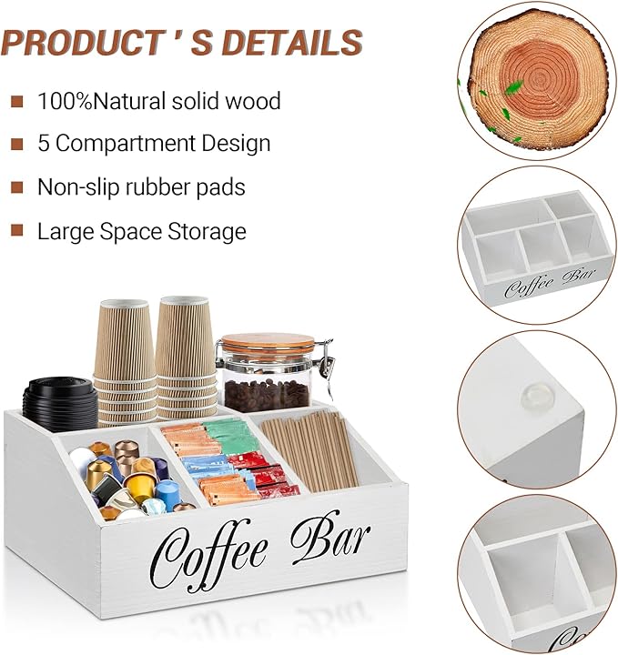 ugiftt Coffee Station Organizer for Counter, Wood Coffee Pods Holder Storage Basket, Tea Condiment Storage Organizer, Rustic Wood Bar Decor for Accessories - Image 5