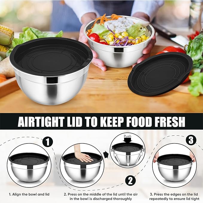 P&P CHEF Black Mixing Bowls with Lids, Set of 3, Stainless Steel Salad Nesting Bowl for Mixing, Storing, Prepping, Airtight & Stackable, Size 4.6/3 /1.5 QT - Image 7