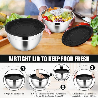 P&P CHEF Black Mixing Bowls with Lids, Set of 3, Stainless Steel Salad Nesting Bowl for Mixing, Storing, Prepping, Airtight & Stackable, Size 4.6/3 /1.5 QT - Image 7