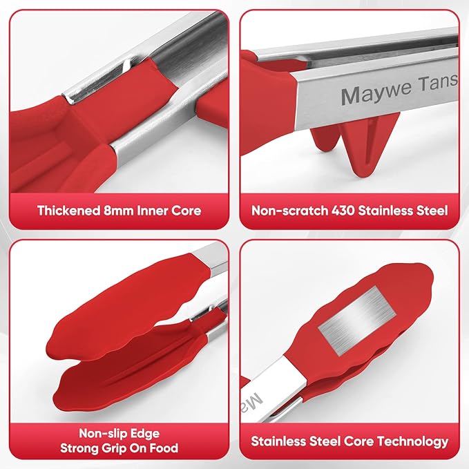 5-Pack Silicone Tongs for Cooking,Maywe Tanso 4PCS 13-Inch Kitchen Tongs with Silicone Tips,Nonstick Stainless Steel Tong for Steak Pie Pizza Pasta Spaghetti Salad BBQ Buffet,Plus Brush - Image 7
