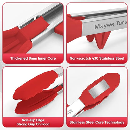 5-Pack Silicone Tongs for Cooking,Maywe Tanso 4PCS 13-Inch Kitchen Tongs with Silicone Tips,Nonstick Stainless Steel Tong for Steak Pie Pizza Pasta Spaghetti Salad BBQ Buffet,Plus Brush - Image 7