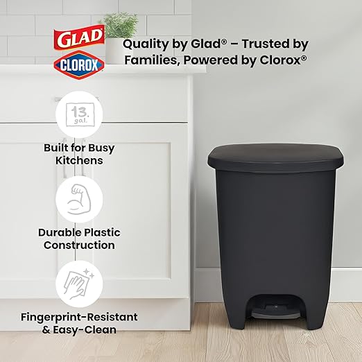 Glad 13 Gallon Trash Can 2 Pack | Plastic Kitchen Waste Bins with Odor Protection of Lid | Hands Free with Step On Foot Pedal and Garbage Bag Rings, 13 Gallon, Charcoal