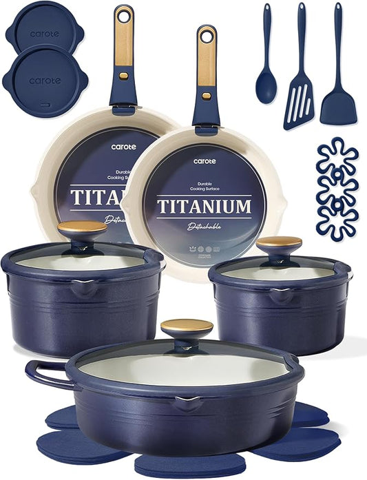 CAROTE 22Pcs Titanium Cookware Set, Pots and Pans Set Non Stick, Kitchen Cooking Set with Detachable Handle, Non Toxic Induction Cookware, Dishwasher/Oven Safe，Blue by CAROTE