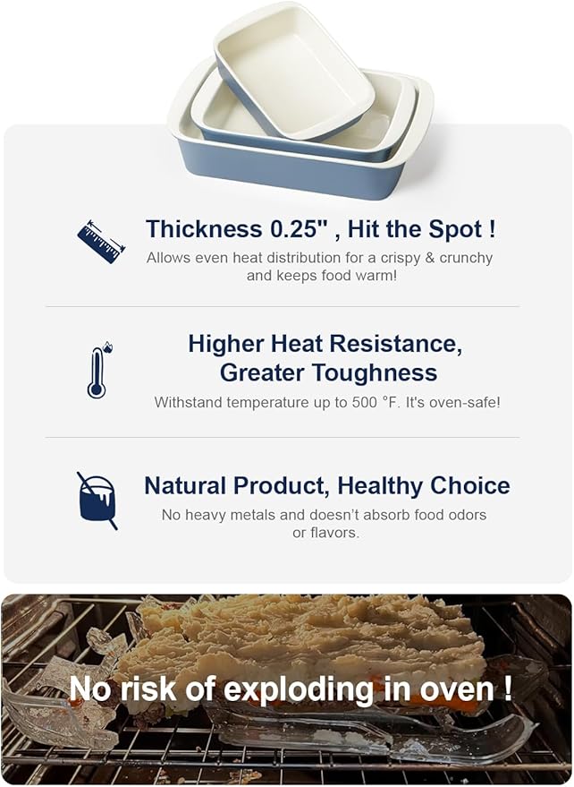 LE TAUCI Deep Casserole Dishes for Oven, 13.7”x9.6” Ceramic Baking Dish Set with Roasting Racks, Large Lasagna Pans with Handles, Rectangular Bakeware as Gift for Mom, Dusty Blue (4.6QT/3.0QT/1.6QT), Set of 3 - Image 8