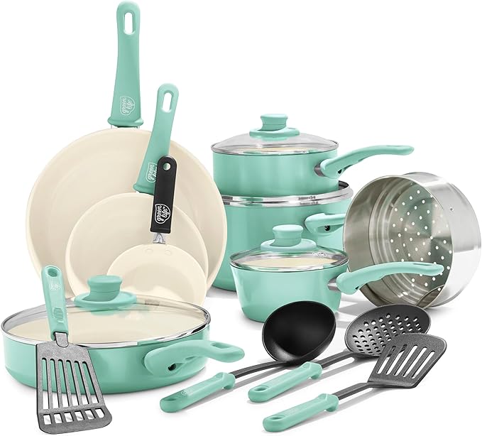 GreenLife Soft Grip 16 Piece Cookware Set, Non-Toxic PFAS-Free Ceramic Nonstick, Pots, Frying, Sauce, Saute, Glass Lids, Stay-Cool Handles, Wobble Free Bases, Dishwasher & Oven Safe, Turquoise by GreenLife