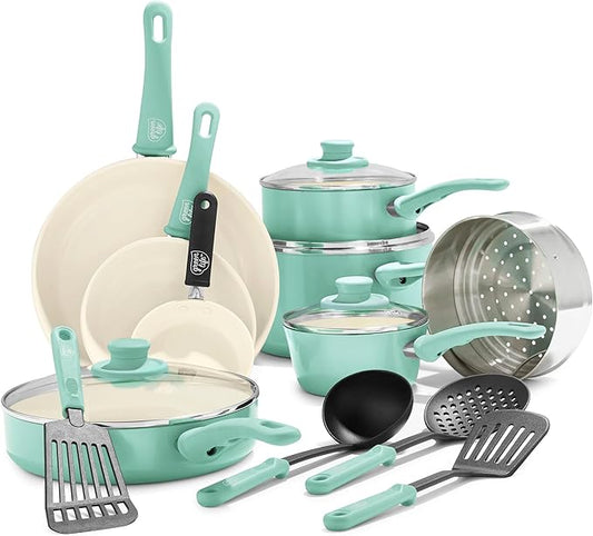 GreenLife Soft Grip 16 Piece Cookware Set, Non-Toxic PFAS-Free Ceramic Nonstick, Pots, Frying, Sauce, Saute, Glass Lids, Stay-Cool Handles, Wobble Free Bases, Dishwasher & Oven Safe, Turquoise by GreenLife