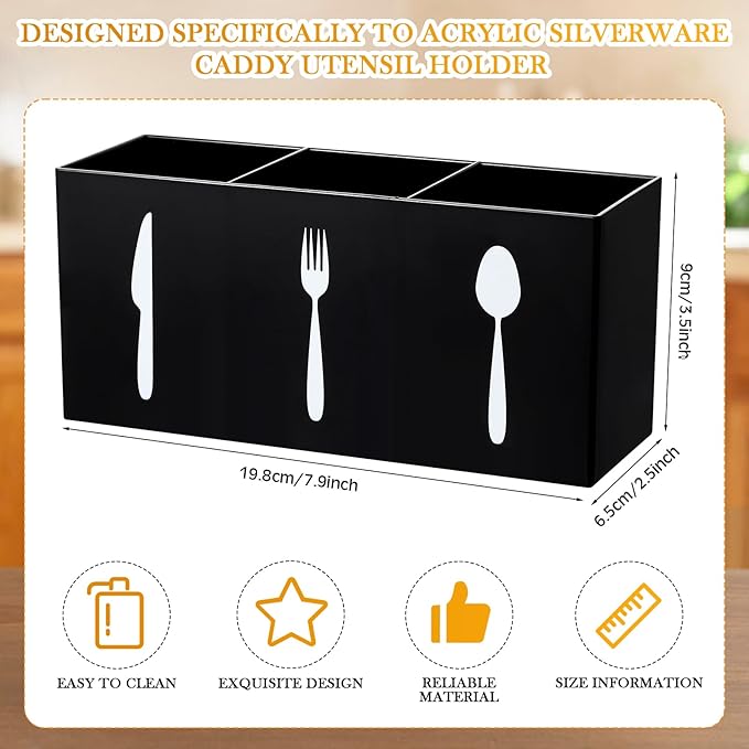 Suzile Acrylic Cutlery Storage Organizer Bin Silverware Caddy Countertop Knife Spoon and Fork Holder Kitchen 3 Section Tableware Storage Box for Cabinet Indoor Home Flatware Dining Room (Black,M) - Image 2