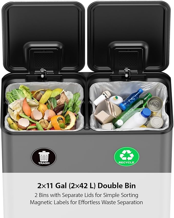 Lovewind Dual Trash and Recycling Bins for Kitchen, 2 * 11-Gallon Stainless Steel Double Trash Can, Step-On Garbage and Recycle Combo, Quiet Close, Pet-Proof, Compatible with 13-Gallon Bags, Grey - Image 3