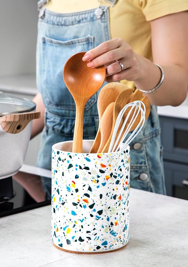 Nucookery Utensil Holder, 6.4" Ceramic Kitchen Utensil Holder for Countertop with Protection Cork Bottom, Vintage Farmhouse Kitchen Decor for Counter, Gift (Marble Pattern) - Image 8