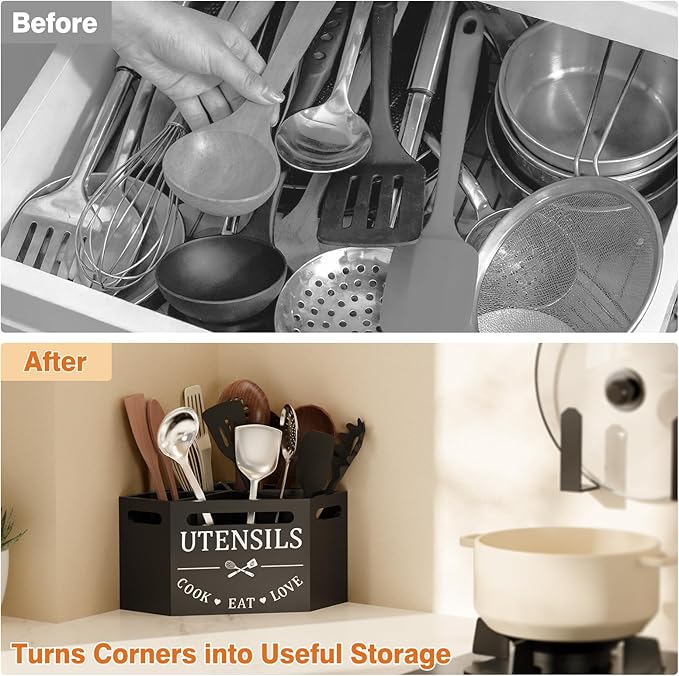 Kitchen Utensils Holder with 5 Compartments, Corner Utensil Caddy for Countertop, Black Large Wooden Utensil Organizer for Kitchen Countertop for Silverware Spoon Spatula - Image 5