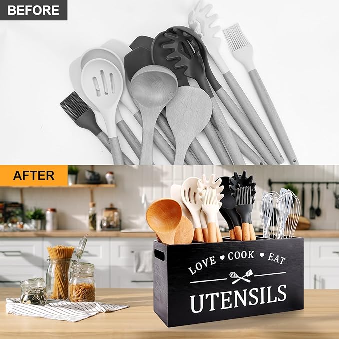 Black Farmhouse Utensil Holder for Kitchen Counter Extra Large Cooking Utensil Holder Caddy Utensils Storage Organizer for Countertop Rustic Wood Kitchen Tool Decor Utensil Crock Spatula Holder - Image 7