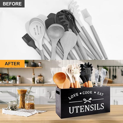 Black Farmhouse Utensil Holder for Kitchen Counter Extra Large Cooking Utensil Holder Caddy Utensils Storage Organizer for Countertop Rustic Wood Kitchen Tool Decor Utensil Crock Spatula Holder - Image 7