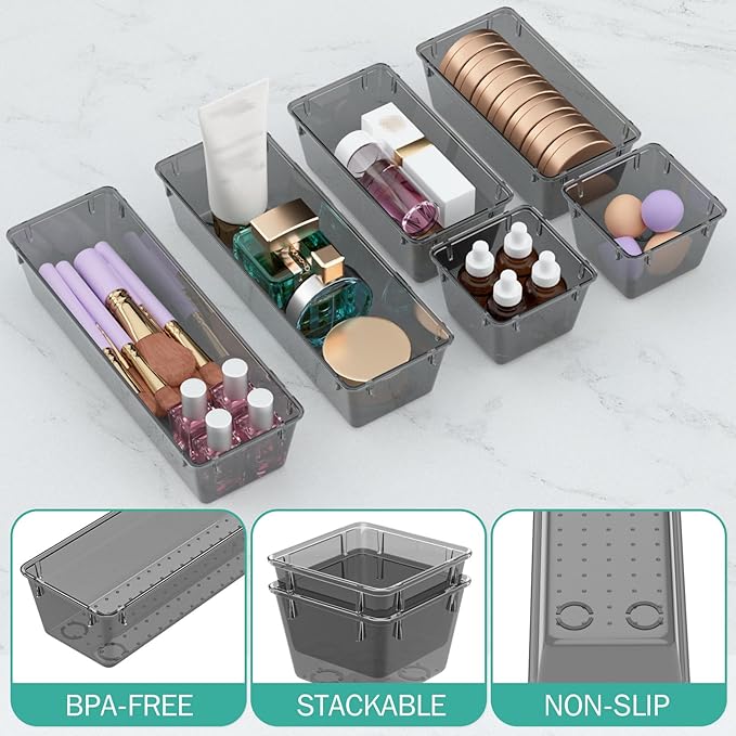 WOWBOX 6 Pack Clear Drawer Organizer Set, Acrylic Drawer Storage Trays, Storage Bins for Makeup, Cosmetics, Jewelries, Utensils, Gadgets, Office, Black - Image 3