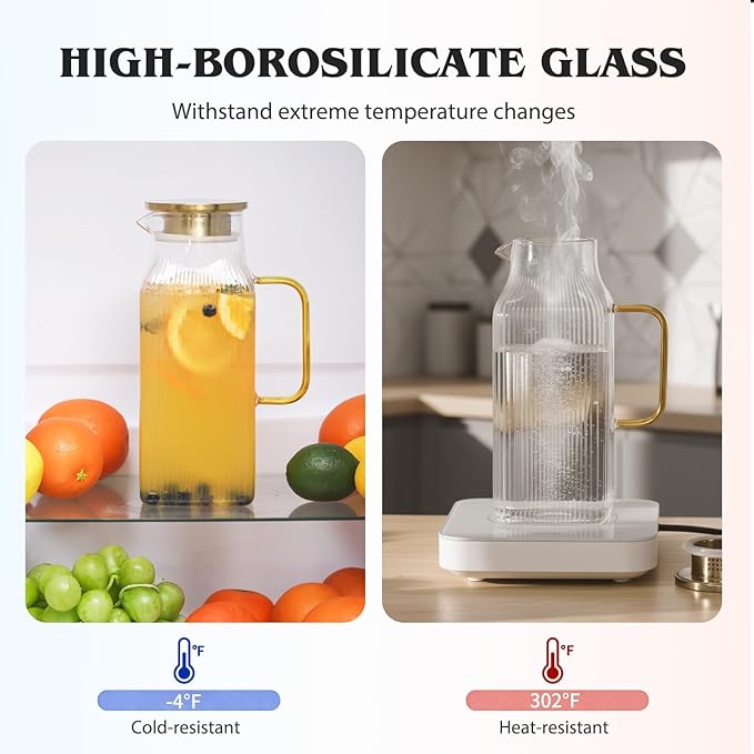 2 Pack 68oz/2 Liter Square Glass Pitcher with Handle and Lid, Classic Stripes Glass Water Pitcher with Handle for Fridge, Iced Tea, Coffee, Borosilicate Glass Carafe for Hot/Cold Brew Drink