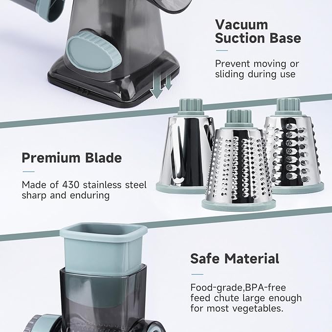 Cheese Grater Hand Crank, Manual Cheese Shredder with 3 Interchangeable Blades, Rotary Cheese Grater with Strong Suction Base, Easy to Use and Clean, GreyBlue - Image 5