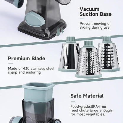 Cheese Grater Hand Crank, Manual Cheese Shredder with 3 Interchangeable Blades, Rotary Cheese Grater with Strong Suction Base, Easy to Use and Clean, GreyBlue - Image 5