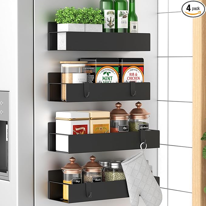 HuggieGems 4 Pack Magnetic Spice Storage Rack Organizer for Refrigerator and Oven, Black Fridge Organizers and Storage by HuggieGems