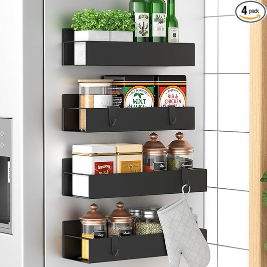 HuggieGems 4 Pack Magnetic Spice Storage Rack Organizer for Refrigerator and Oven, Black Fridge Organizers and Storage by HuggieGems