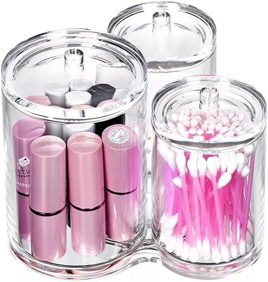 Hipiwe Clear Acrylic Cotton Swab Holder Preminm Quality Round Container Cotton Pad Q-tip Organize Case for Make Up Brush Clear Apothecary Jar