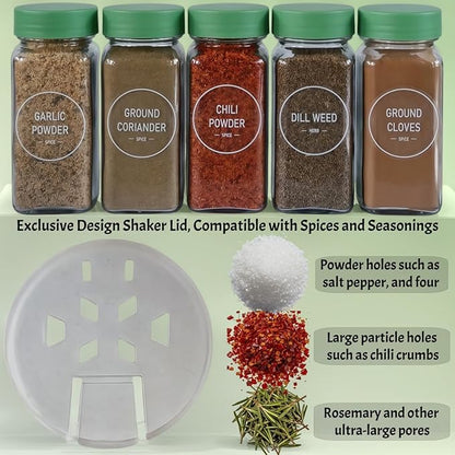Spice Jars with Labels - 24 Glass Spice with Shaker Lids & Airtight Plastic Caps - 4oz Complete Seasoning Containers Organizer Set for Cabinet, Drawer & Rack (Green) - Image 4