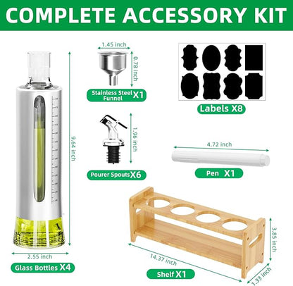 SINYWAY Oil Dispenser Bottle, 4 Pack Glass Olive Oil Dispenser Bottle with Shelf, 17oz/500 ml Oil and Vinegar Dispenser Set Wrapped in Stainless Steel Shell with Pourers, Funnel & Pen and Tags - Image 2