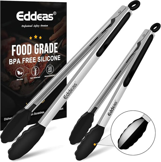 17 & 12 Inch Extra Long Kitchen Tongs with Silicone Tips, Heat Resistant 600 Degrees Silicone Tong, Stainless Steel Tongs for Cooking, Food, Bbq, Grilling, Barbecue, Dishwasher 2 Pack by Eddeas