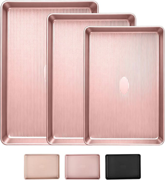 Sakerplus Nonstick Baking Sheet Pan Set of 3, Heavy Duty Cookie Sheets for Oven with Stripe Texture Pattern, 0.6mm Thick Quarter/Half/Jelly Roll Pans, Rust-Resistant & Easy Clean (Pink) by SakerPlus