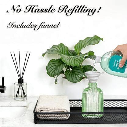 SheeChung Green Glass Soap Dispenser, 12 Oz Liquid Hand Soap Dispenser with Pump, Refillable Lotion Dish Soap Dispenser for Kitchen, Stripes Shampoo Bottle, Bathroom Countertop (Black Pump, 1 Pack)