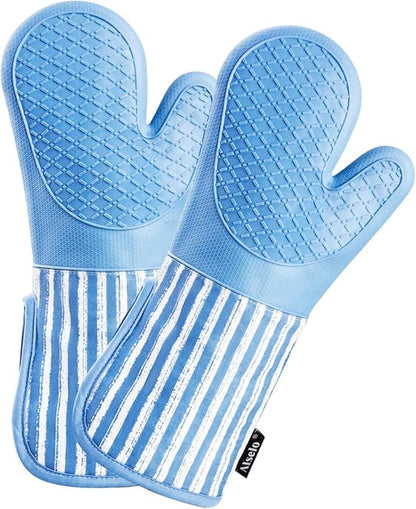 Alselo Silicone Oven Mitts Heat Resistant 932℉ with Waterproof & Non-Slip Kitchen Mittens, Set of 2 Extra Long Oven Gloves with Soft Cotton Terry Lining for Baking Cooking Barbecue (2, Blue Mitts) by Alselo-Enjoyahealthylife