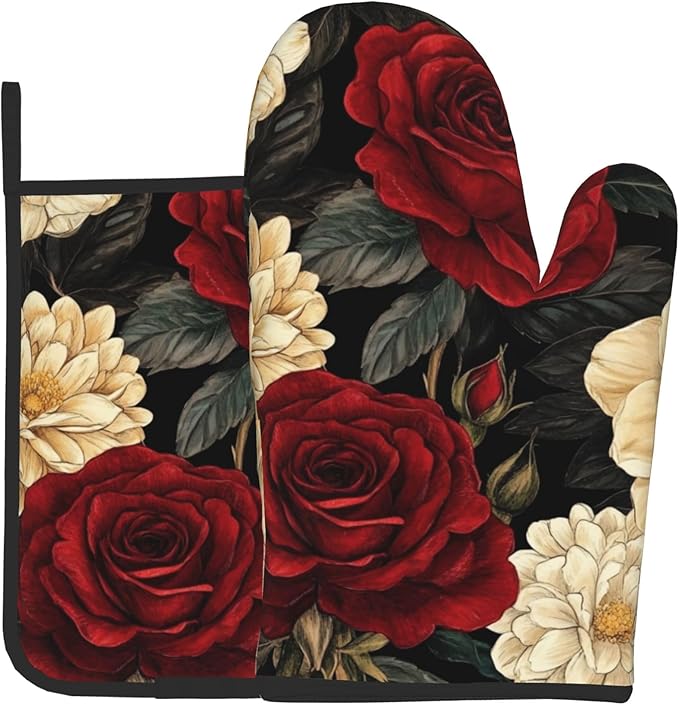 Boho Oven Mitts and Pot Holders Sets Vintage Peony Flowers Kitchen Mitts Potholders 2PCS Floral Oven Gloves Hot Pads for Kitchen Baking Cooking by DZGlobal