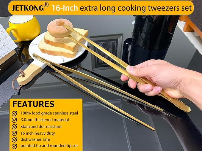 JETKONG 2 Pcs 16-Inch Heavy Duty Cooking Tweezers Extra Large Stainless Steel Food Tweezers Gaint Kitchen Tweezer Tongs (Gold) - Image 3