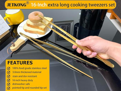 JETKONG 2 Pcs 16-Inch Heavy Duty Cooking Tweezers Extra Large Stainless Steel Food Tweezers Gaint Kitchen Tweezer Tongs (Gold) - Image 3