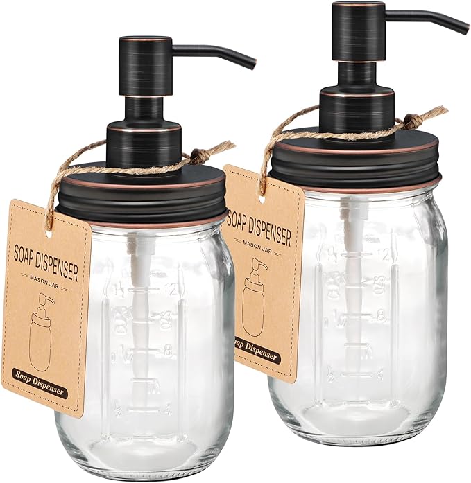 Amolliar Mason Jar Liquid Soap Dispenser, Rustproof Stainless Steel Replacement Pump Lid, Cute Farmhouse Decor for Kitchen, Bathroom, Refillable Hand Soap, Dish Soap, Lotion Soap, Rubbed Bronze-2 Pack by Amolliar