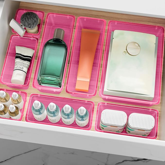 ElegantArray 12 PCS Drawer Organizer Set, 4 Sizes Tool Storage Trays, Clear Plastic Makeup Vanity Organizer and Storage Bins for Stationeries, Multiple Gadgets for Office, Bedroom, Pink - Image 8