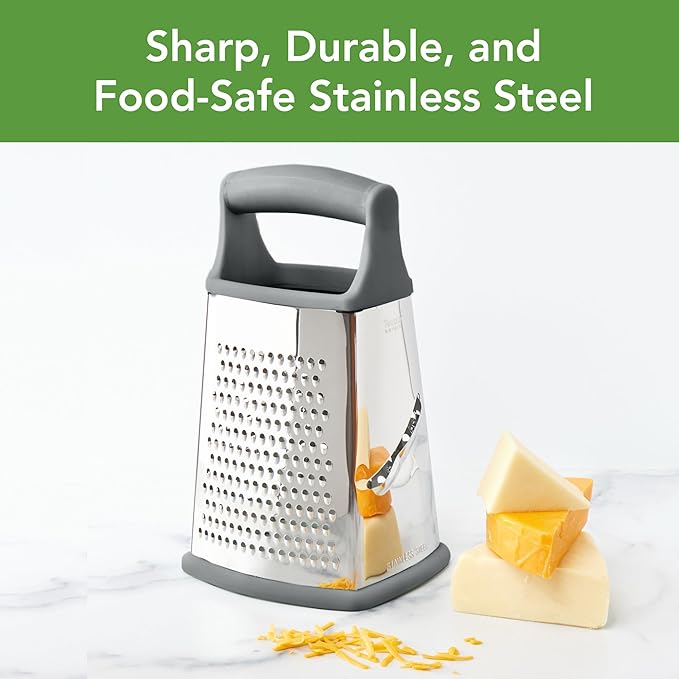 Tovolo Box Grater 4 Sided Large Stainless Steel Cheese Grater for Shredding Vegetables and Zesting, Easy to Clean Dishwasher Safe Box Grater with Ergonomic Handle and Non Slip Base, Charcoal Gray