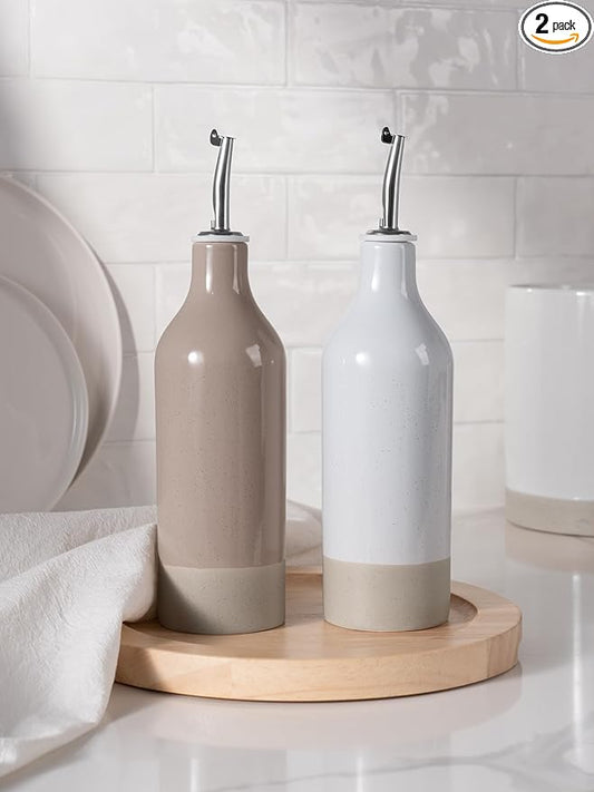 famiware Milkyway 16oz Ceramic Olive Oil Dispenser Bottle, Olive Oil and Vinegar Dispenser Bottle Set of 2 with Stainless Steel Pourers, Suitable for Storage Liquids, Light Gray and Cinnamon Brown