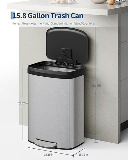 Garvee 16 gal / 60 L Stainless Steel Trash Can with Lid, Large Garbage Can for Kitchen, Rustproof Step-on Kitchen Metal Trash Bin with Liner Rim, Rear Handle, Soft Close Plastic Lid, Silver - Image 6