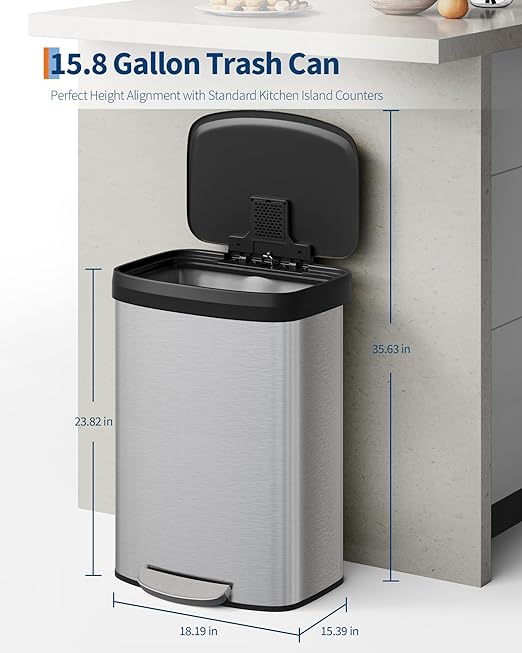 Garvee 16 gal / 60 L Stainless Steel Trash Can with Lid, Large Garbage Can for Kitchen, Rustproof Step-on Kitchen Metal Trash Bin with Liner Rim, Rear Handle, Soft Close Plastic Lid, Silver - Image 2