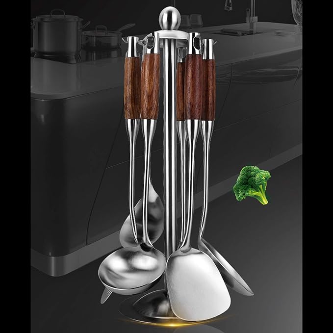 Cooking Utensils Set,7pcs 304 Stainless Steel Kitchen Utensils Set with Holder,Heat Resistant Wooden Handle Kitchen Tools - Image 2