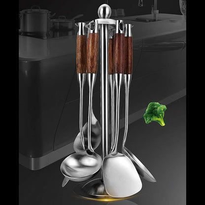 Cooking Utensils Set,7pcs 304 Stainless Steel Kitchen Utensils Set with Holder,Heat Resistant Wooden Handle Kitchen Tools - Image 2