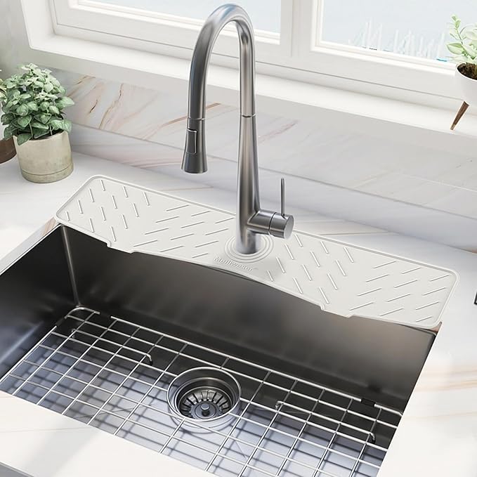 Faucet Mat for Kitchen Sink – 24” x 5.1” Extra-Long Silicone Splash Guard with 10° Slope & Upgraded Drainage – Gen 3 Sink Water Catcher & Sponge Holder for Kitchen, Bathroom (White)