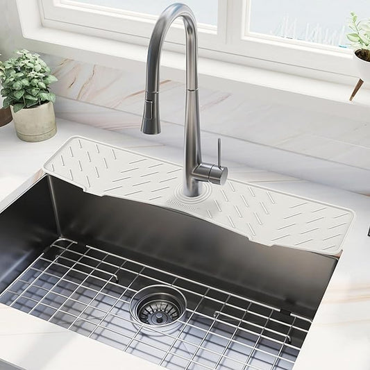 Faucet Mat for Kitchen Sink – 24” x 5.1” Extra-Long Silicone Splash Guard with 10° Slope & Upgraded Drainage – Gen 3 Sink Water Catcher & Sponge Holder for Kitchen, Bathroom (White)