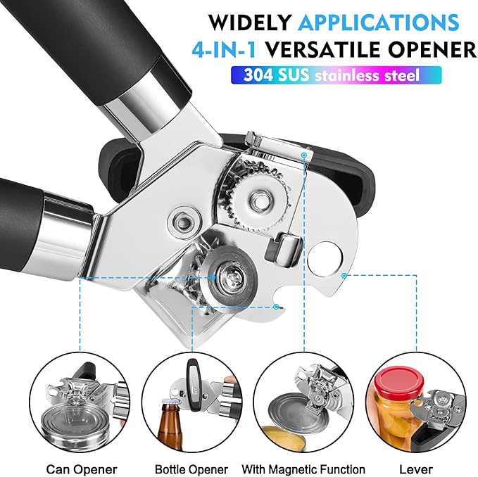 Can Opener Manual Heavy Duty Multifunctional with Magnet Lift [Ergonomic Curved Handle Grip] Stainless Steel, Arthritis-Friendly, Kitchen Tool for Seniors, Kitchen Essentials, Camping, Bottle Opener - Image 3
